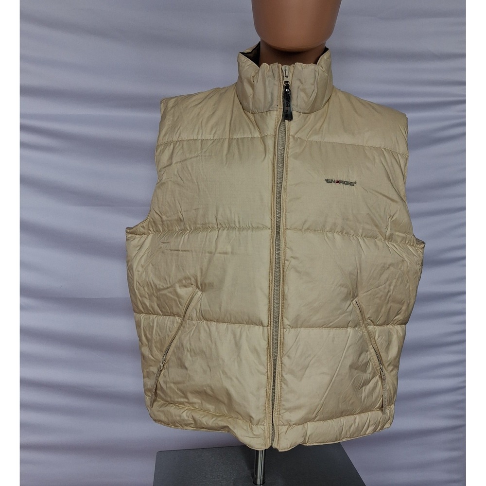 Vintage Energie Puffer Vest Tan Ripstop Full Zip Sleeveless Jacket Mens XL